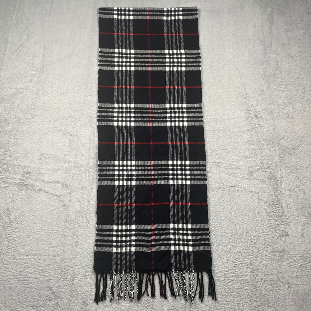 Cashmere Blend Italian Design Plaid Scarf Black Red White Fringe Winter Wrap
